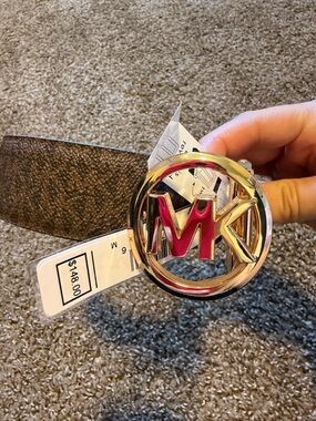 Michael Kors Brown Leather Belt with Gold-Tone MK Buckle and Pink Accent